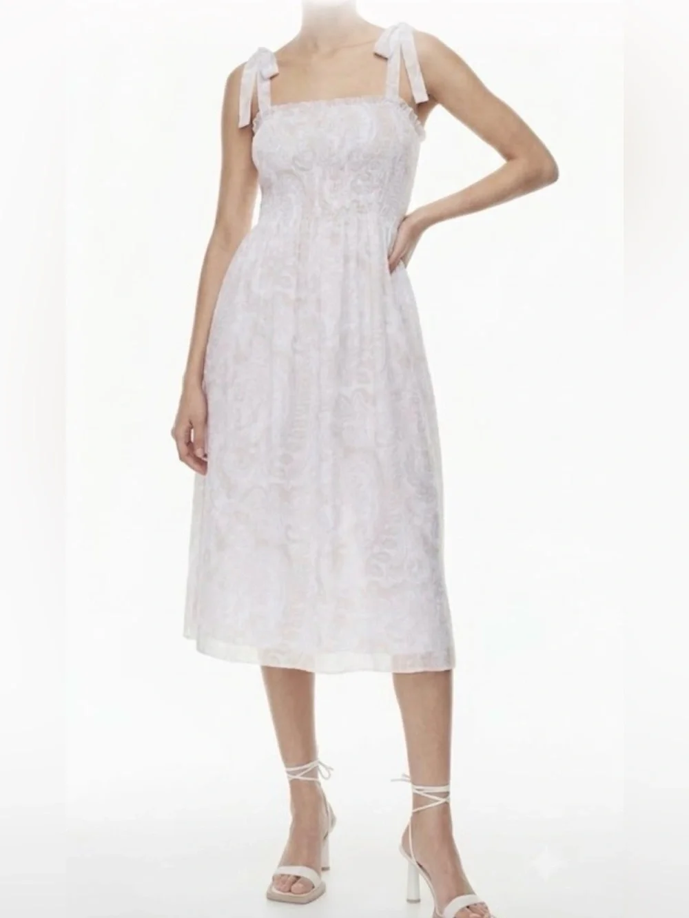 Aritzia Wilfred The Golden Hour Smocked Bodice Tie Straps Midi Deess Size S